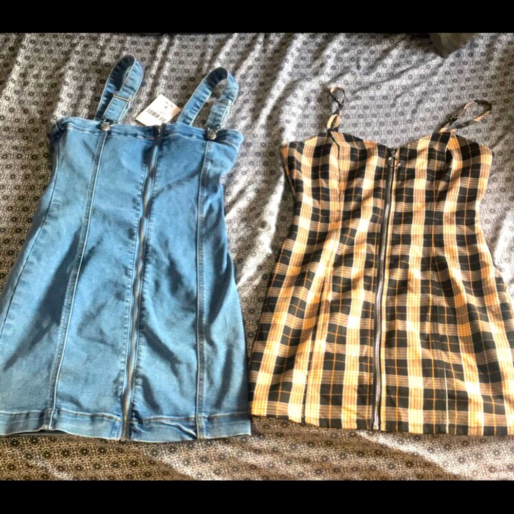 Jean dress and plaid dress combo